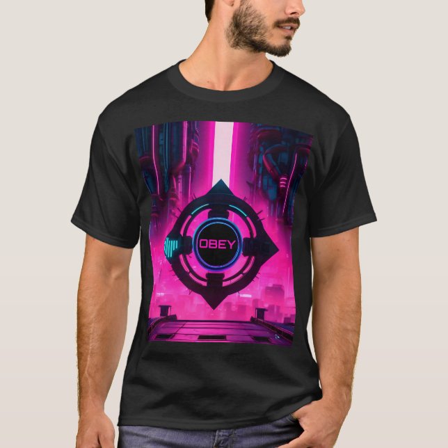 T-shirt Cyberpunk Neon Obey Dystopian Sci-Fi City (Devant)