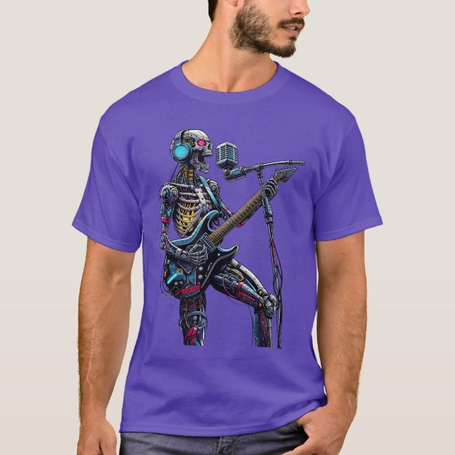 T-shirt Cyberpunk Robotic Skeleton Electric Guitare Musiqu (Devant)