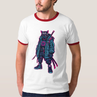T-shirt Cyberpunk Samurai Cat Neon Anime Art