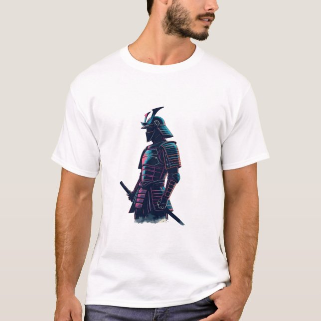T-shirt Cyberpunk Samurai Robot Surplombant Le Futur Néon- (Devant)