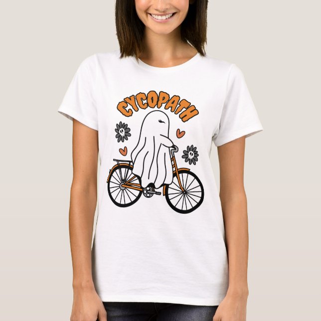 T-shirt Cycopath Halloween fantôme sur un vélo orange (Devant)