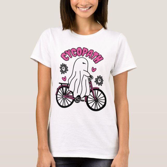 T-shirt Cycopath Halloween fantôme sur vélo rose (Devant)