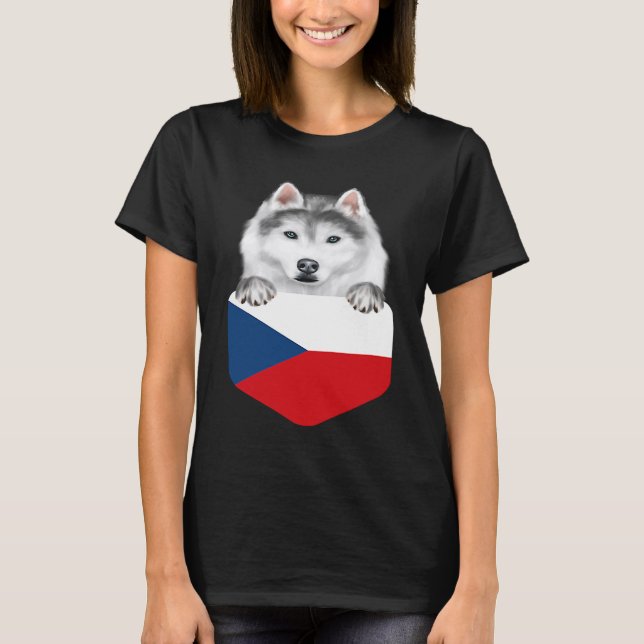 T-shirt Czech Republic Flag Siberian Husky Dog In Pocket (Devant)