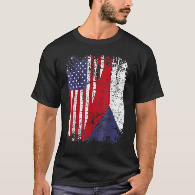 T-shirt CZECH REPUBLIC ROOTS Half American Flag CZECH (Devant)