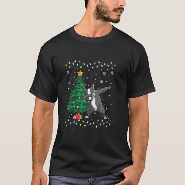 T-shirt Dabbing Bull Terrier Chien Xmas L'arbre éclaire vi (Devant)