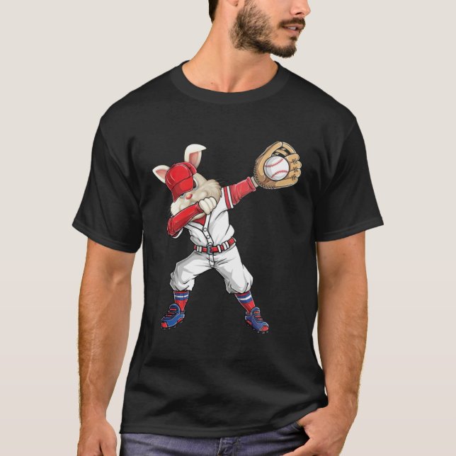 T-shirt Dabbing Bunny Holding Baseball Ball Catcher Easter (Devant)