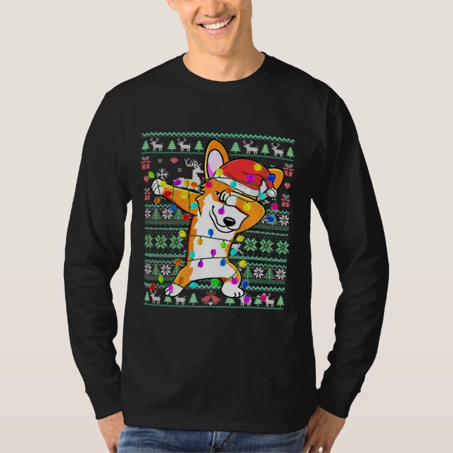 T-shirt Dabbing Corgi Fairy Lights Ugly Christmas Sweater  (Devant)