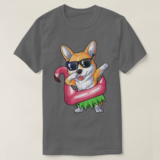 T-shirt Dabbing Corgi Flamant rose Float Été Tropical (Design devant)