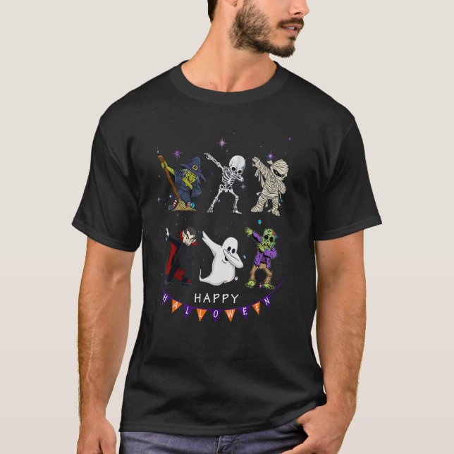 T-shirt Dabbing Halloween garçons Skeleton Zombie effrayan (Devant)