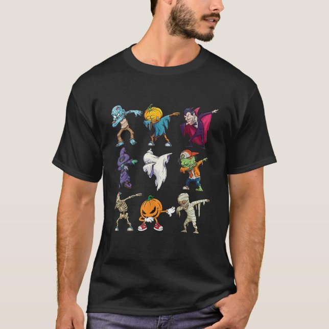 T-shirt Dabbing Halloween garçons Skeleton Zombie effrayan (Devant)