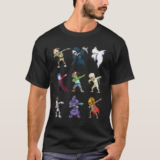 T-shirt Dabbing Halloween garçons Skeleton Zombie effrayan (Devant)