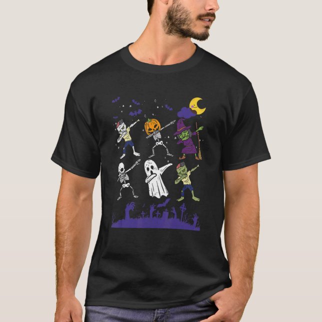 T-shirt Dabbing Halloween garçons Skeleton Zombie effrayan (Devant)