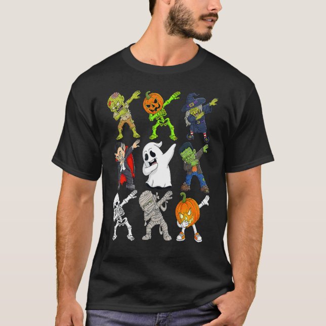 T-shirt Dabbing Halloween Skeleton Zombie Scary Pumpkin Va (Devant)