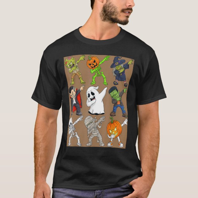 T-shirt Dabbing Halloween Skeleton Zombie Scary Pumpkin Va (Devant)