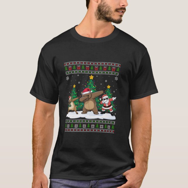 T-shirt Dabbing Père Noël Reindeer Grizzly Oear Tree Lumiè (Devant)