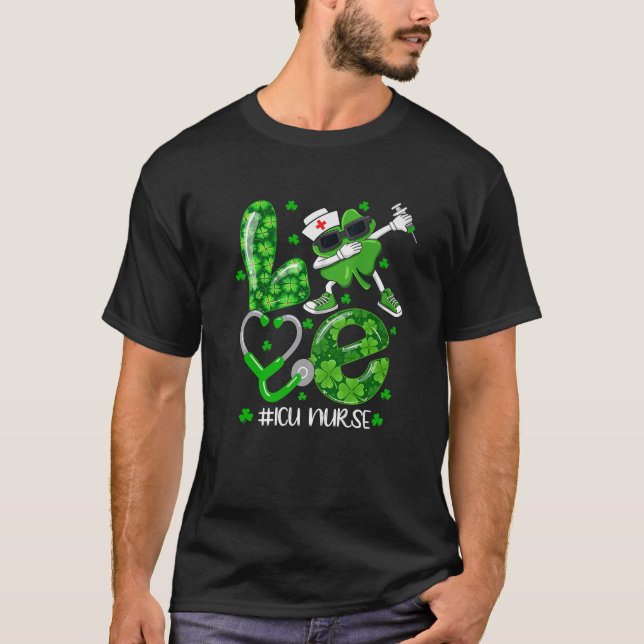 T-shirt Dabbing Shamrock St Patrick's Day Love ICU Nurse L (Devant)