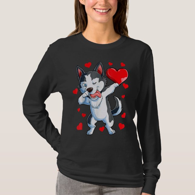T-shirt Dabbing Siberian Husky Heart Valentines Day Boys L (Devant)
