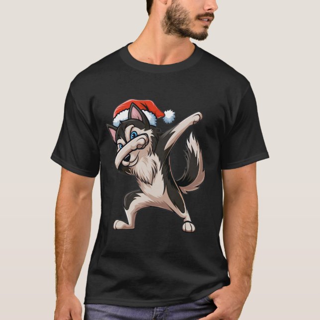 T-shirt Dabbing Siberian Husky Santa Hat Christmas Dab Dan (Devant)