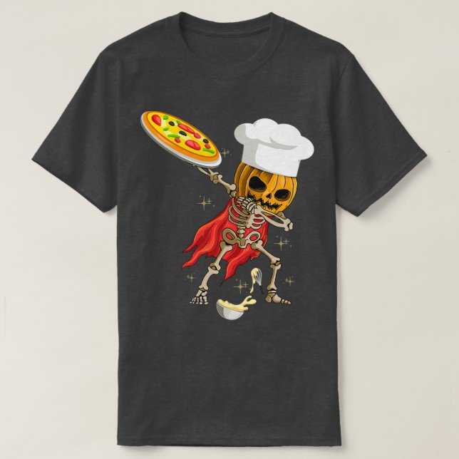 T-shirt Dabbing Skeleton chef pizzeria Halloween Scary Pum (Design devant)