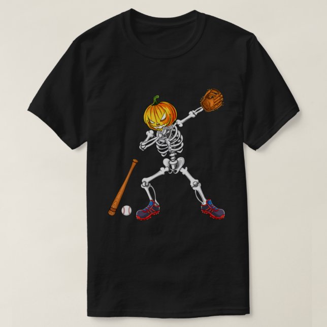 T-shirt Dabbing Skeleton Citrouille Baseball Halloween (Design devant)