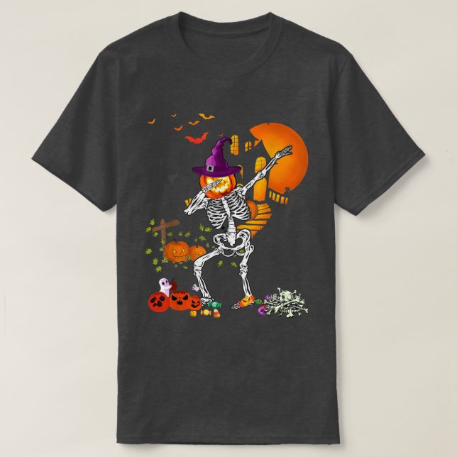 T-shirt Dabbing Skeleton Citrouille Danser Drôle Halloween (Design devant)