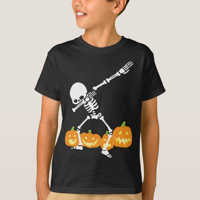 T-shirt Dabbing Skeleton Citrouille Field Halloween Éffray (Devant)