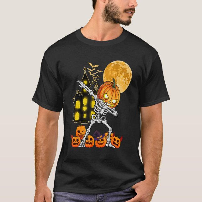 T-shirt Dabbing Skeleton Citrouille Jackolantern Halloween (Devant)