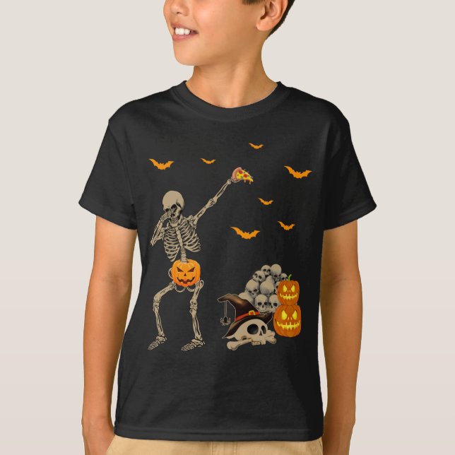 T-shirt Dabbing Skeleton Manger Pizza Effrayant Citrouille (Devant)