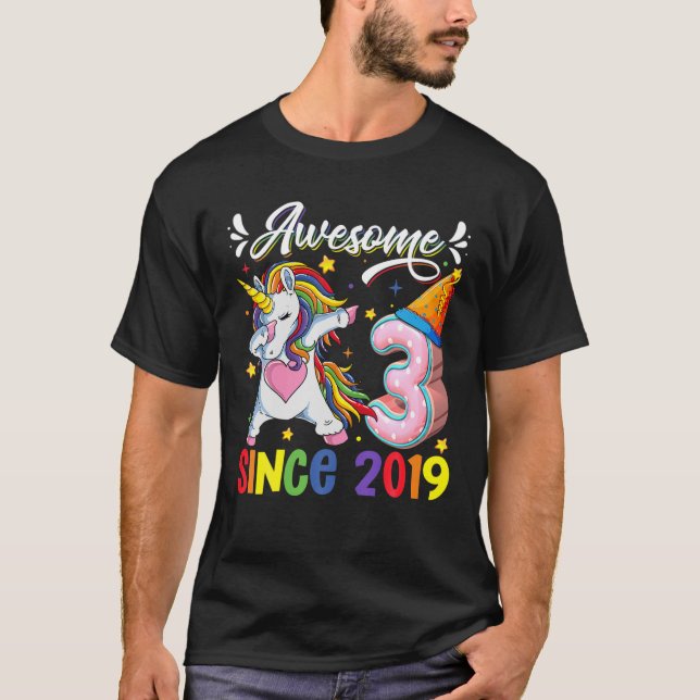 T-shirt Dabbing Unicorn 3E Anniversaire Awesome 2019 3 Ann (Devant)