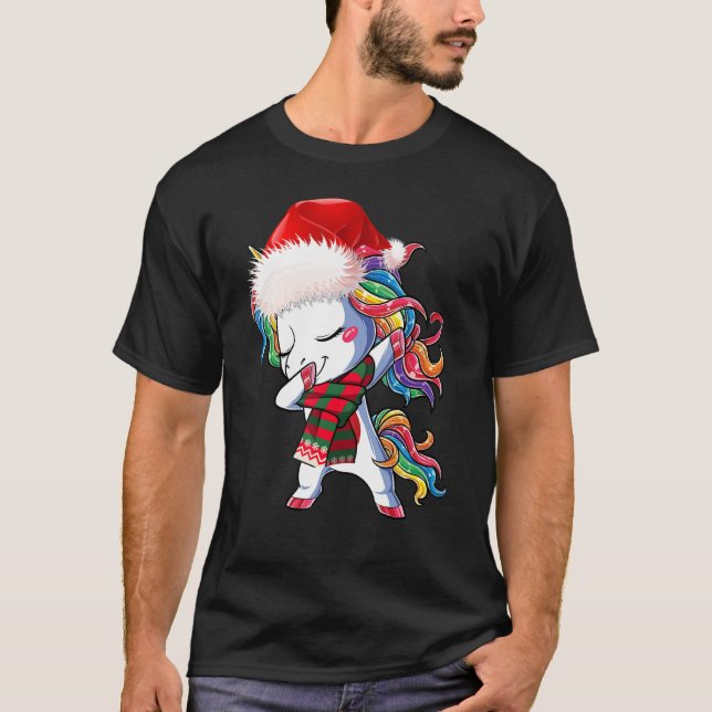 T-shirt Dabbing Unicorn Santa Hat Noël Enfants Filles (Devant)