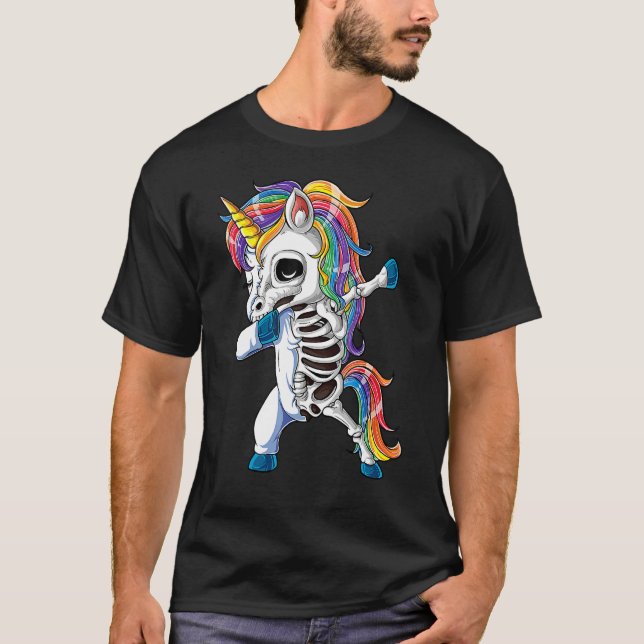 T-shirt Dabbing Unicorn Skeleton Halloween Girls Dab 1 (Devant)