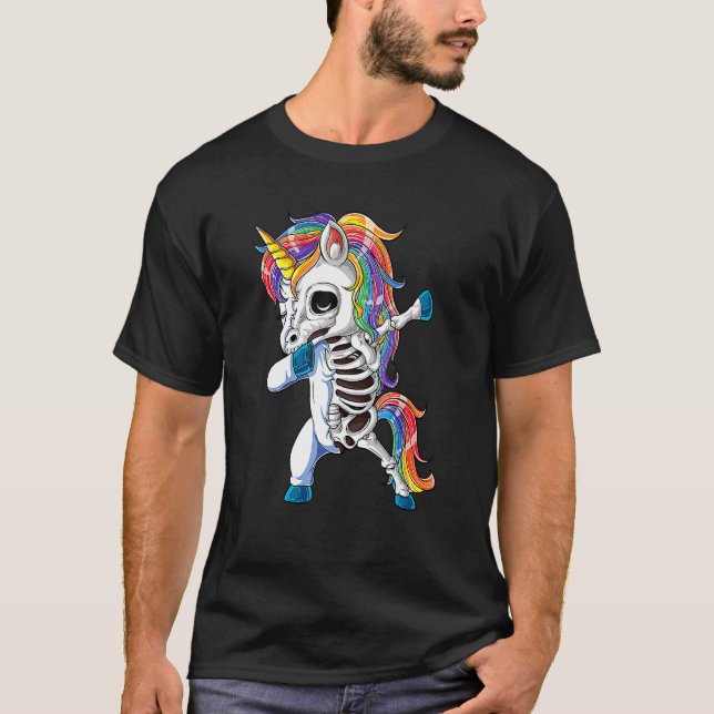 T-shirt Dabbing Unicorn Skeleton Skulls Halloween Boys Gir (Devant)