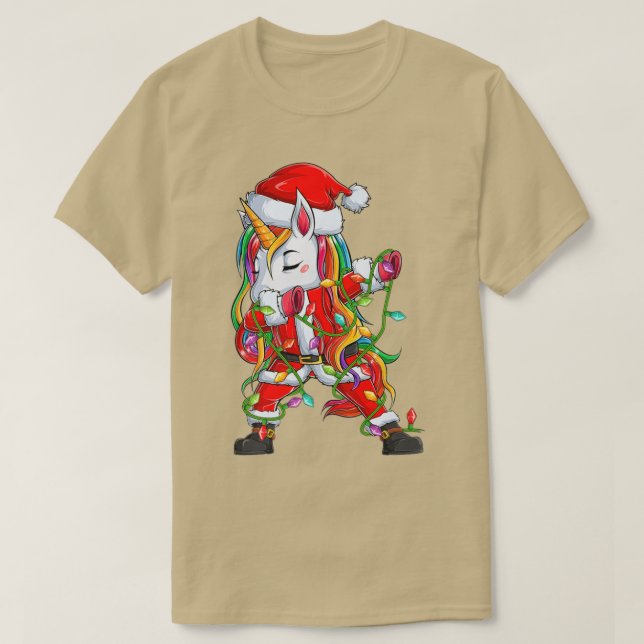 T-shirt Dabbing Unicorn Xmas Lumières drôle Père Noël Unic (Design devant)