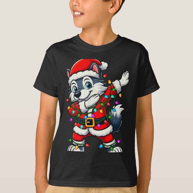 T-shirt Dabbing Wolf Lights Santa Xmas Girls Boys Kids Chr (Devant)