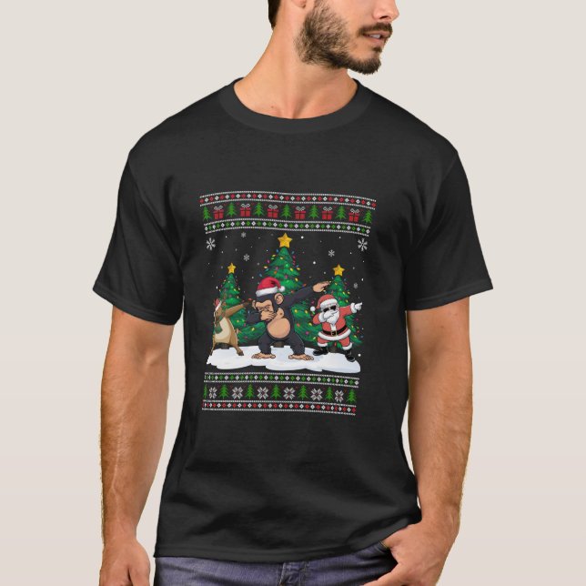 T-shirt Dabing Père Noël Reindeer Chimpanzee Tree Lumières (Devant)
