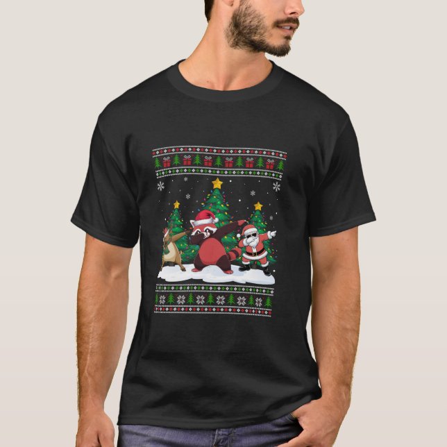 T-shirt Dabing Père Noël Reindeer Red Panda Tree lumières  (Devant)