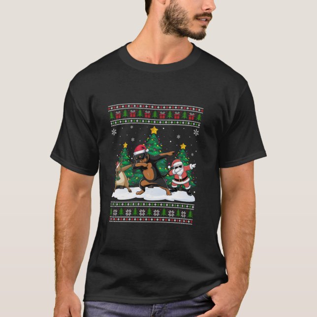 T-shirt Dabing Père Noël Reindeer Rottweiler Dog Tree Lumi (Devant)