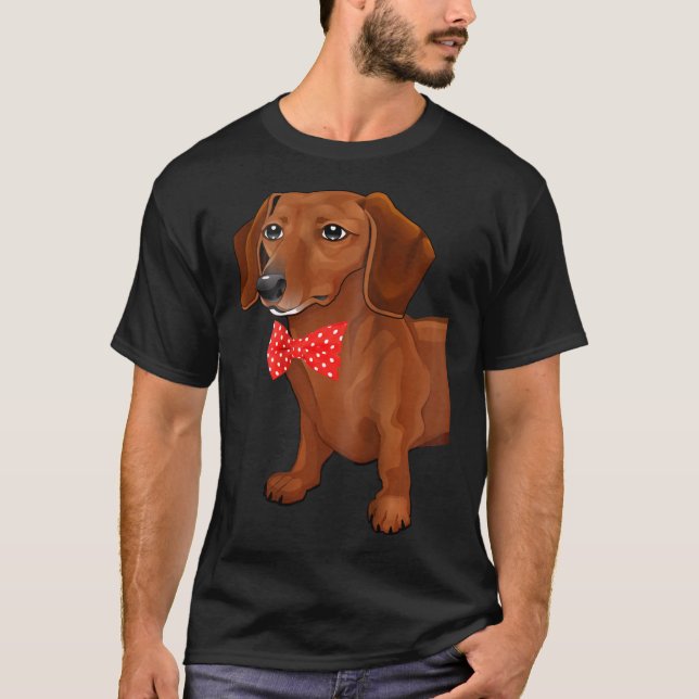 T-shirt Dachshund-2 Côté Long Dacshund Avec Cravate Bow (Devant)
