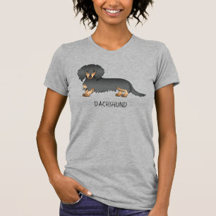 T-shirt Dachshund à cheveux longs noir et tan, dessin Chie