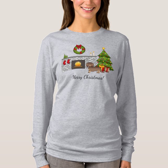 T-shirt Dachshund à longs poils chocolat et feu dans une s (Devant)