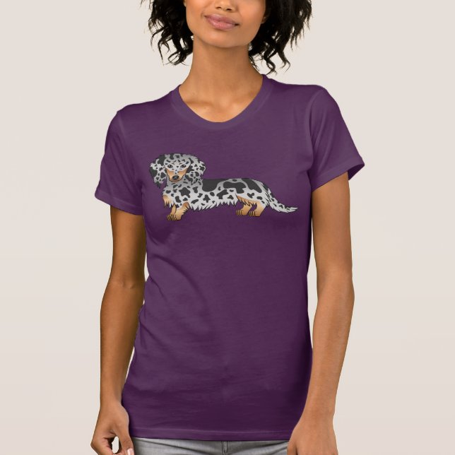 T-shirt Dachshund à poil long noir et feu damelé mignon (Devant)