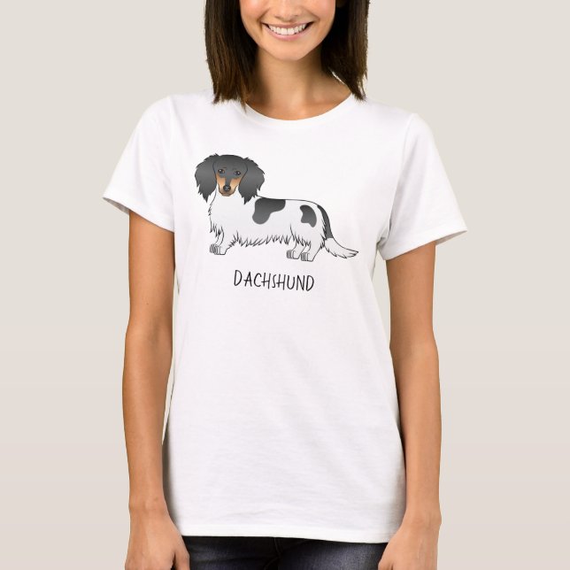 T-shirt Dachshund à poil long piebalde noir et feu & Texte (Devant)