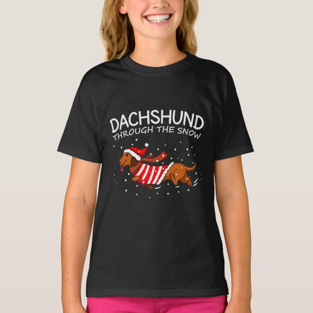 T-shirt Dachshund à travers la neige drôle chien Noël (Devant)