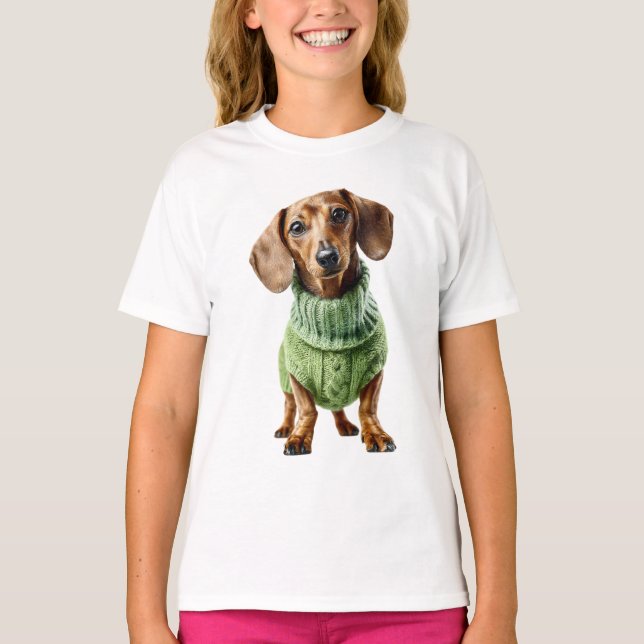 T-shirt Dachshund adorable en pull vert pour enfants (Devant)
