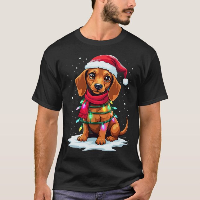T-shirt Dachshund Arbre de Noël mignonne Santa Hat Lights  (Devant)