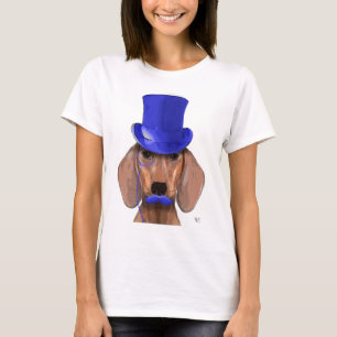 T-shirt Dachshund avec chapeau bleu et moustache bleue