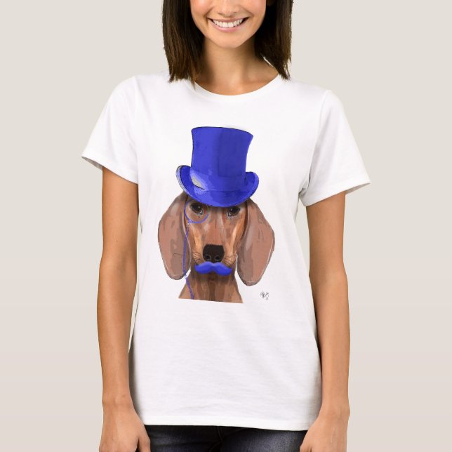 T-shirt Dachshund avec chapeau bleu et moustache bleue (Devant)