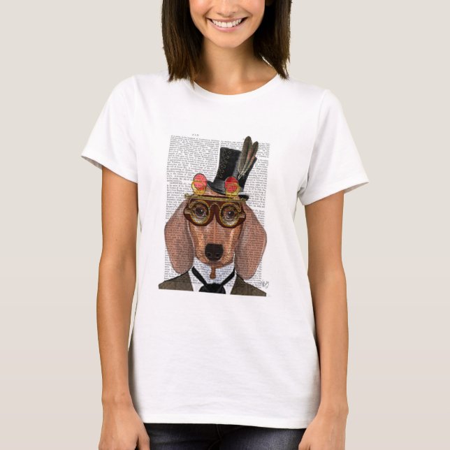 T-shirt Dachshund avec chapeau supérieur et lunettes (Devant)