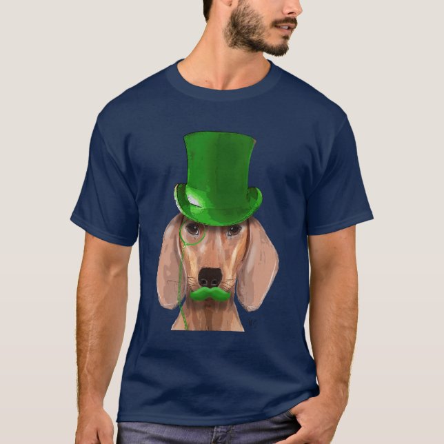 T-shirt Dachshund avec chapeau vert et moustache (Devant)