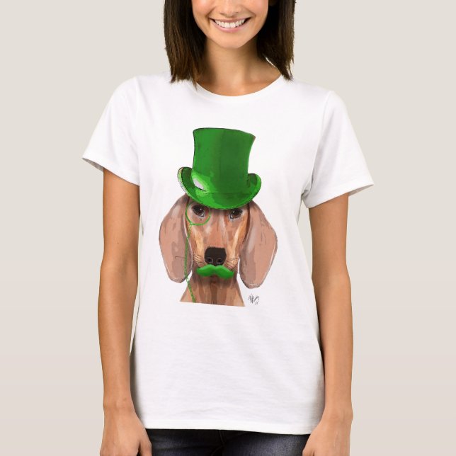 T-shirt Dachshund avec chapeau vert et moustache (Devant)